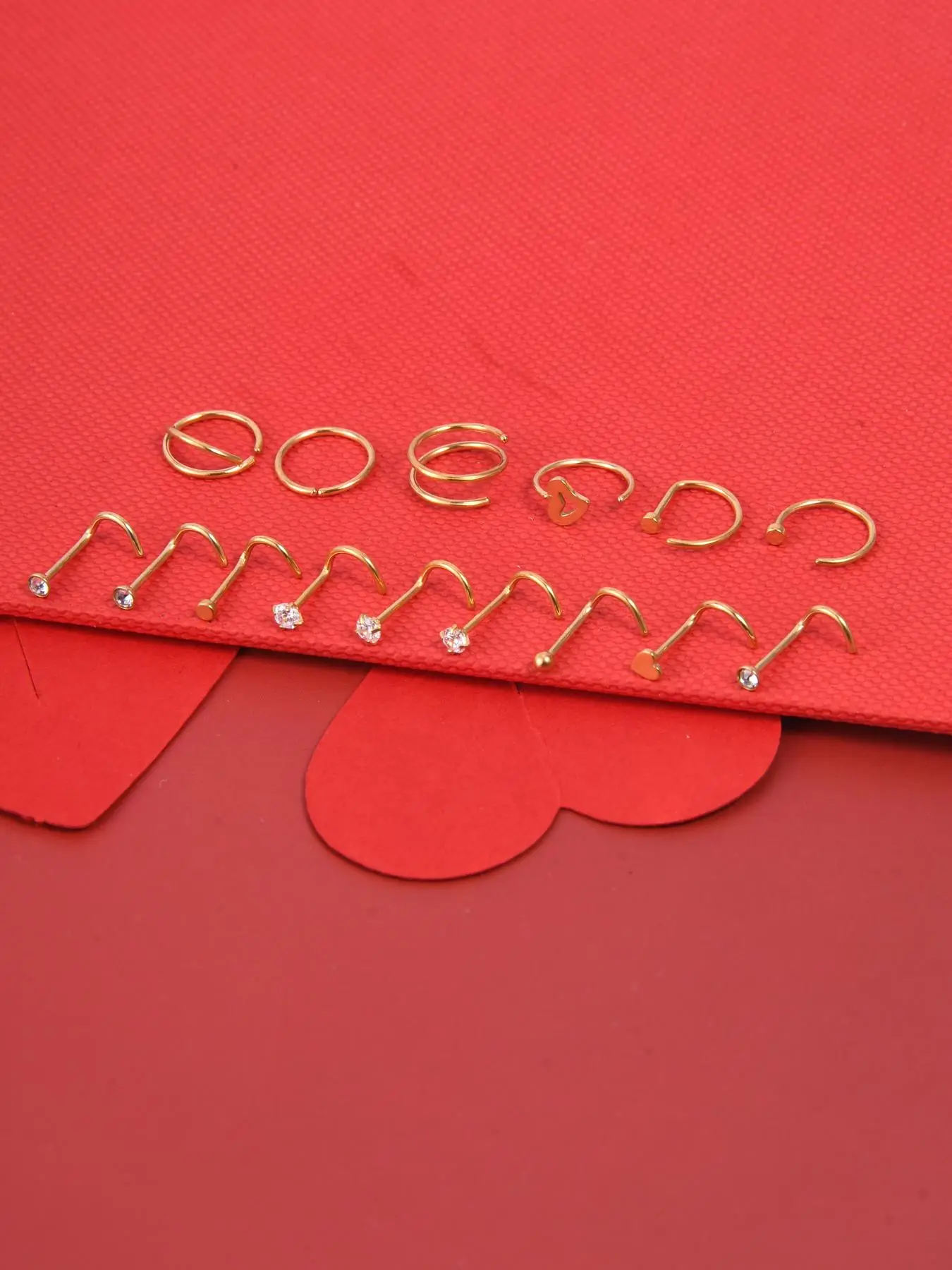 15pcs/set All-match Stylish Nose Rings, Straight Rod Hollow Out Heart Style Nose Ring, Fashionable and Cute, Stainless Steel Double Layer Nose Ring, f