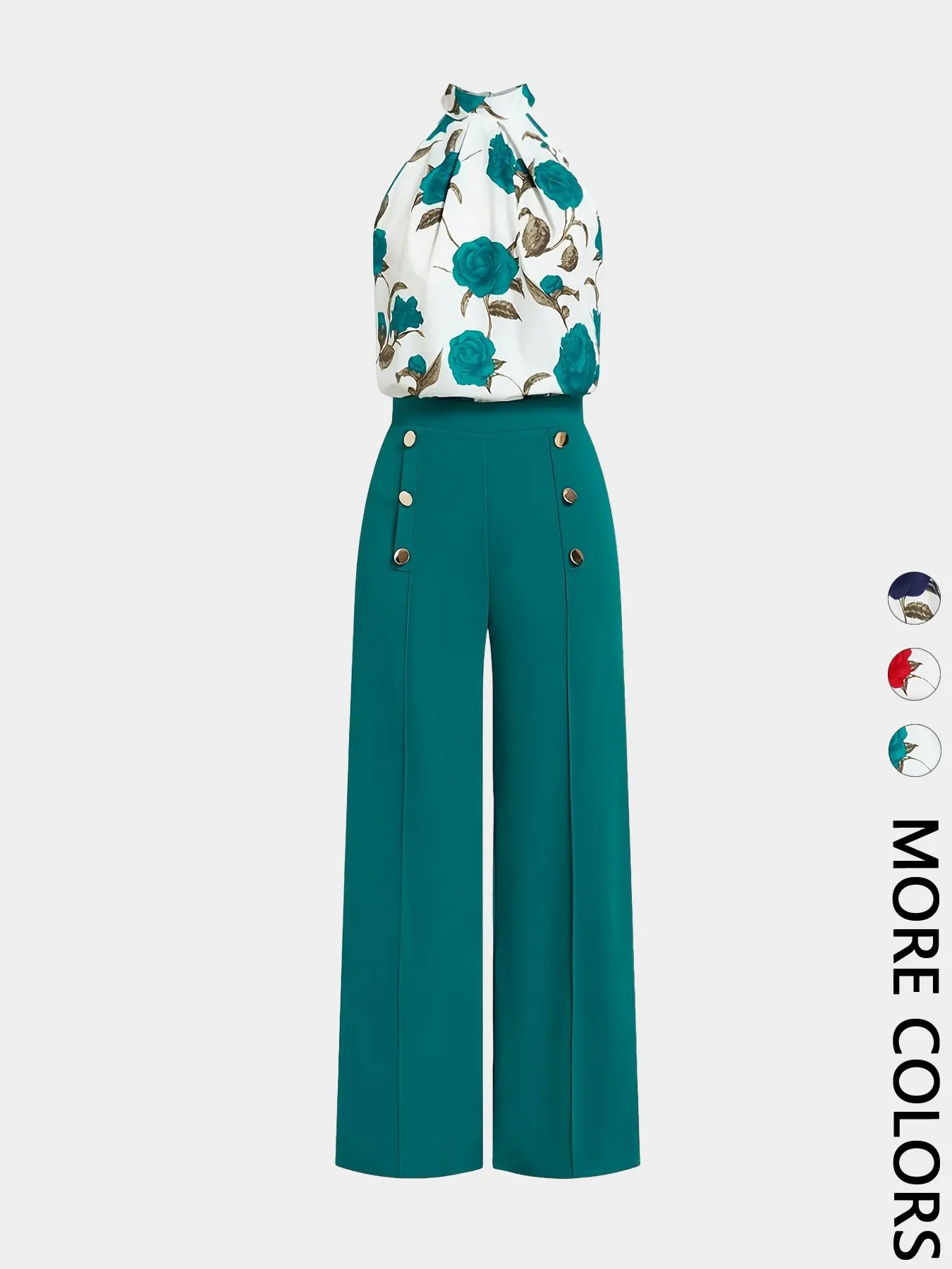 Women's Elegant Two-Piece Set, Floral Print Halter Neck Short Top and High-Waisted Wide-Leg Pants, Stylish Casual Elegance for Spring and Fall Womenswear