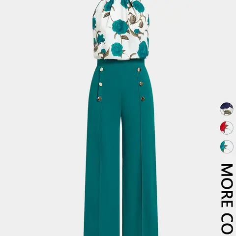 Women's Elegant Two-Piece Set, Floral Print Halter Neck Short Top and High-Waisted Wide-Leg Pants, Stylish Casual Elegance for Spring and Fall Womenswear Clothes Two Pieces Outfits