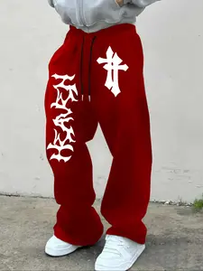 Men's Drawstring Waist Straight Leg Fitted Pants, Letter Cross Print, Casual Comfortable Daily Wear, Suitable for Autumn & Winter
