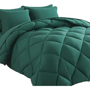 Bed in a Bag Full Comforter Sets 7 count  Season Solid Down Alternative Bedding Sets Dark Green with Comforter, Pillow Shams, Flat Sheet, Fitted Sheet and Pillowcases