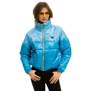 COLOR BLOCK HALF AND HALF APRES PUFFER JACKET - SKY GLOSSY