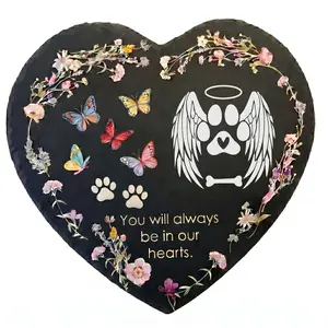 Heart Shape Pet Stone Monument – Outdoor Dog or Cat Grave Sign, “No Longer With Us, You Will Always Live In Our Hearts” Sympathy Memorial Gift.