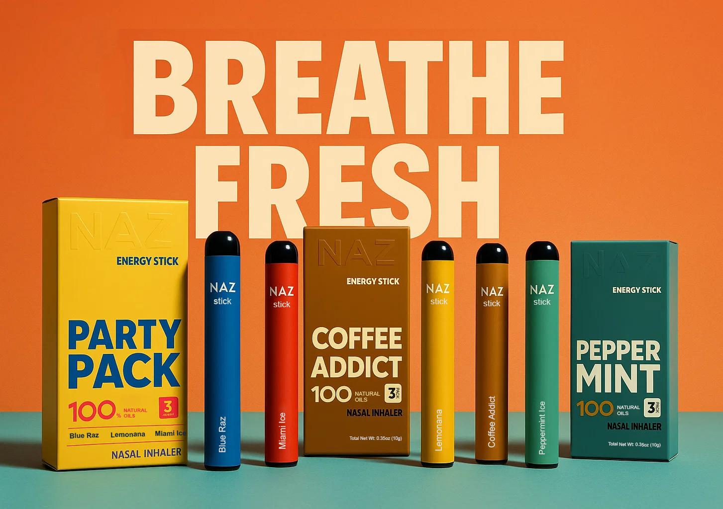 NAZ Electric Nasal Inhaler Stick - Portable Essential Oil Aromatherapy Vaporizer for Sinus Relief Congestion Energy Boost Non-Medicated Cool Refreshing 3-Pack Mixed Fruit Flavors Natural Menthol Peppermint Camphor