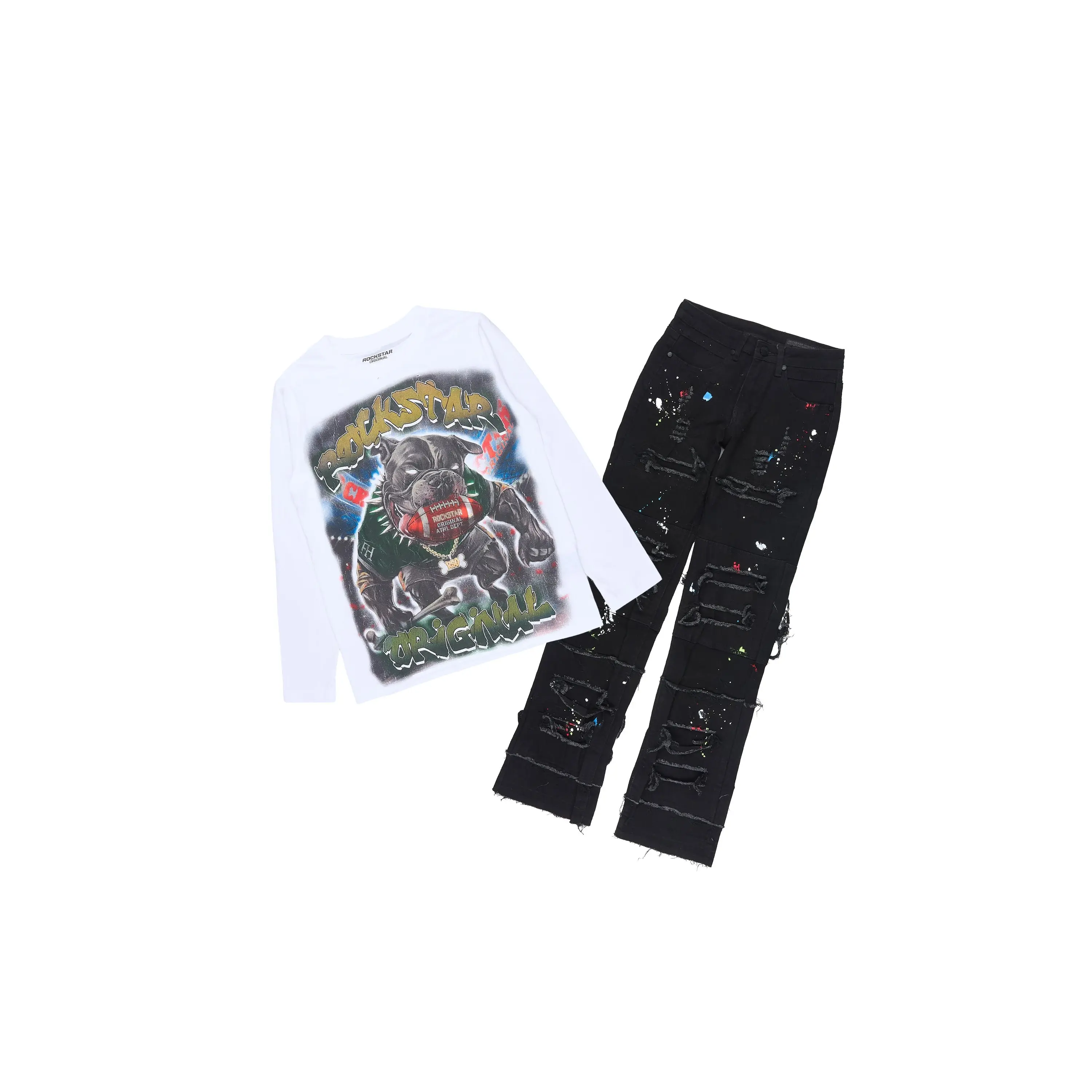 Boys Nitro White/Black Long Sleeve T-Shirt Stacked Frayed Painter Jean Set