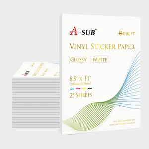 A-SUB 500 Sheets A-SUB Waterproof White Glossy Vinyl Sticker Paper 8.5" x 11" Inkjet Compatible High-Gloss Finish Durable for Moisture-Exposed Items
