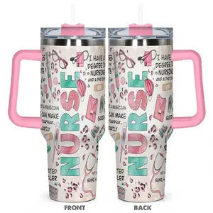 Nurse Themed 40oz Tumbler, 1 Count Stainless Steel Cup with Handle & Straw, Insulated and Durable Cup, Ideal Gift for Healthcare Professionals, Drinkware