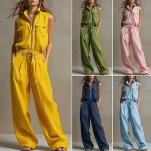 Women's 2-Piece Minimalist Basic Sleeveless Solid Color Casual Loose Zipper Sweatshirt and Straight Pants Set, Versatile Clothes for Autumn-Summer Wear
