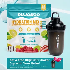 DUJOSOO  Protein-Containing Electrolyte Powder Drink Mix (Need Shake Thoroughly!) | Fat Free - Variety Pack | 7 Electrolytes & 6 Vitamins | Hericium, Collagen Peptide, BCAAs | 1 Pack: 16 Servings, 20g/Stick, 5g Protein/Stick（ With Free Dojosoo Shaker cup）