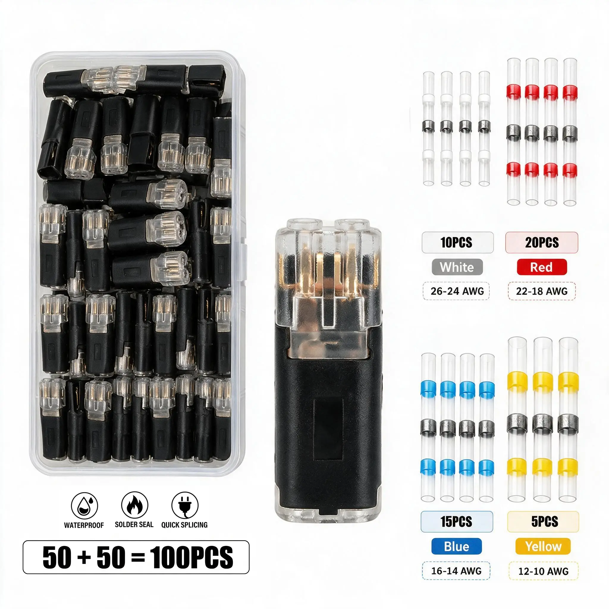 100PCS Solder Seal Wire Connectors & Quick Splice Kit, Heat Shrink Butt Connectors 26-10 AWG Waterproof, No Crimp Electrical Wire Splice Terminal Set for Marine Automotive Car Audio Trailer Truck Boat Motorcycle Repair