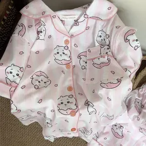 Kawaii Chiikawa Hachiware Summer Pink Striped Thin Cotton Pajamas Short Sleeve Lapel Student Loungewear Usagi Cute Anime Toys