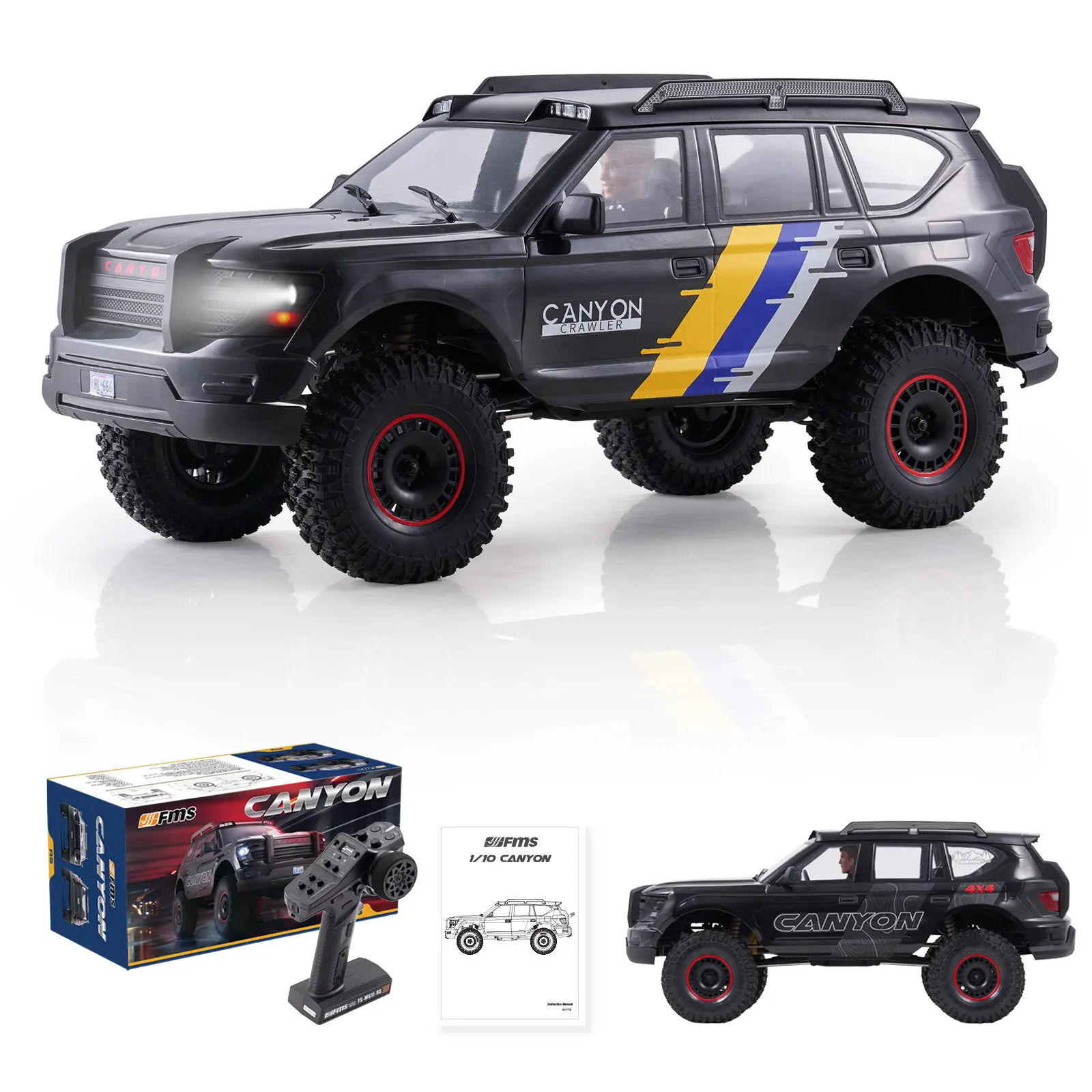 FMS 1/10 Canyon RS RC Crawler Remote Control Truck - 550 Brushed Motor 32T, DB01 Light Control, High-Traction Tires, LED Lights, Metal Parts, 2-3s Battery, Polycarbonate (PC), Off-Road Toy Performance
