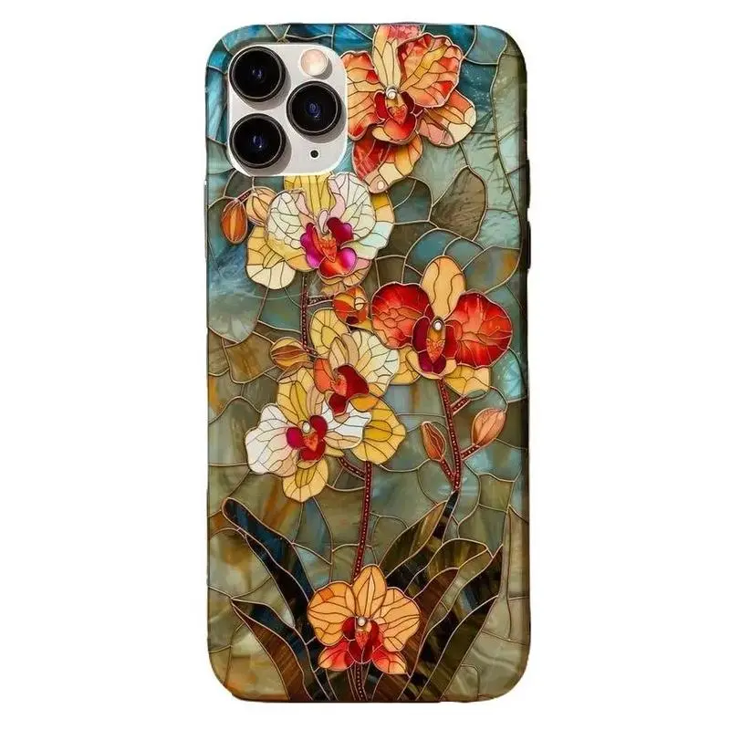 Artisan Orchid Stained Glass Printed Tough Phone Case- A floral flower print with a trendy- high-quality design- This case offers dual-layer defense and wireless charging ready- It provides an elegant and protective covering
