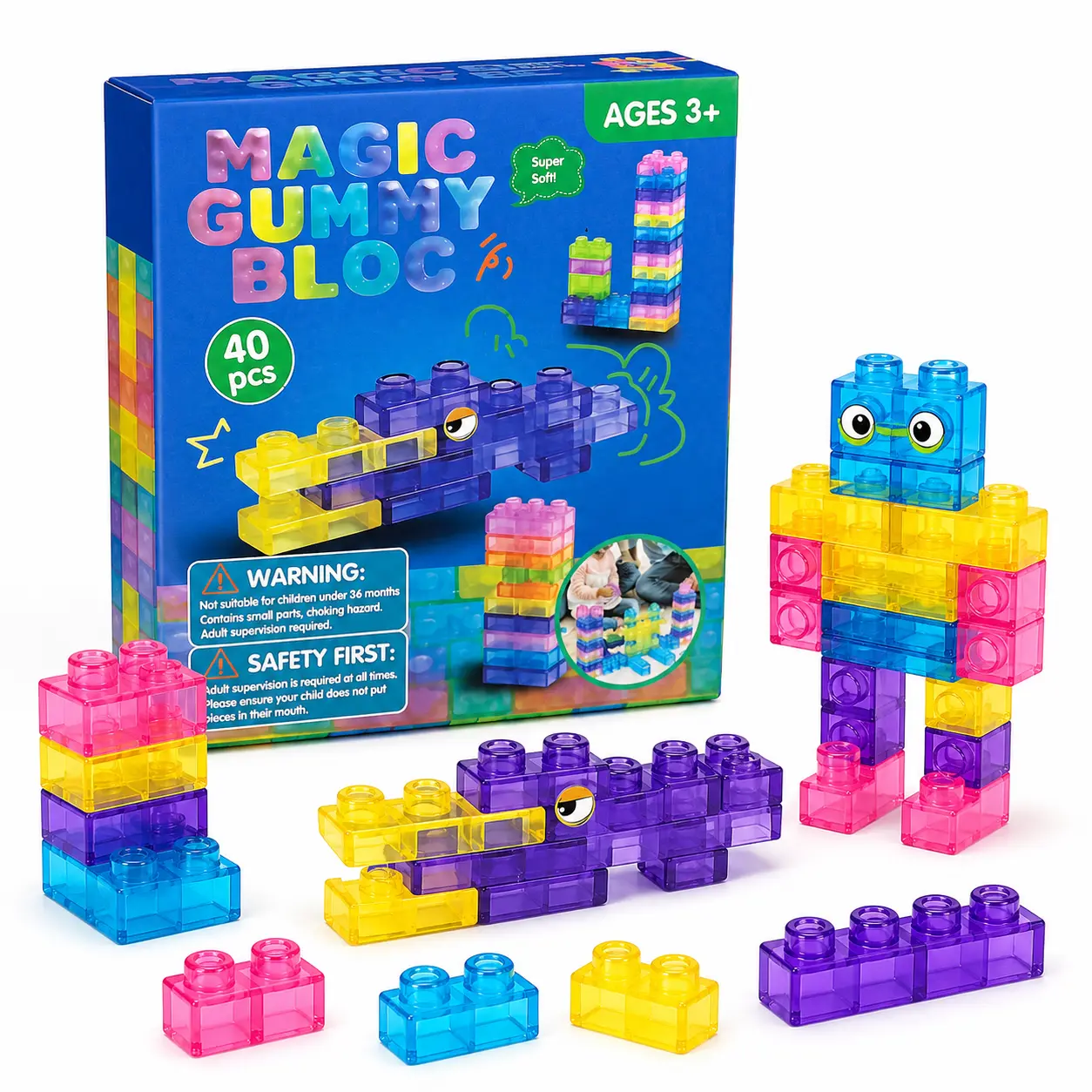 40-Piece Soft Building Blocks for Toddlers, Sensory Squishy Stacking Blocks, Colorful Flexible Construction Toy Set for Creative Play, Ages 3+