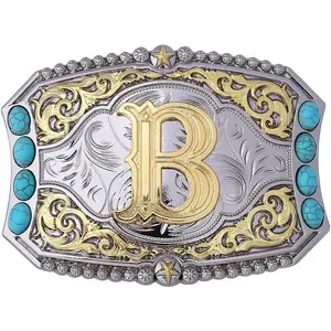 Turquoise Belt Buckle Western Cowboy Rodeo Initial Letters ABCDEFG to Z Belt Buckle for Men