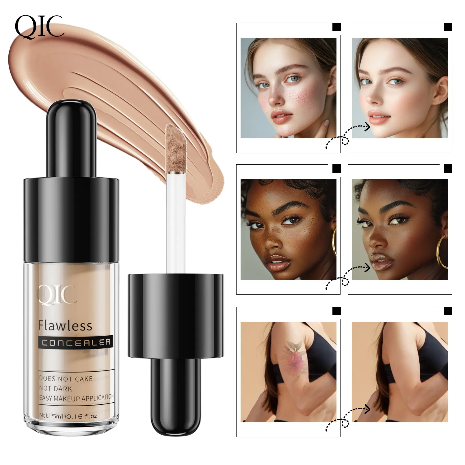 QIC Small Bottle Concealer Liquid Covers Facial Spots, Acne Marks, Scars, Dark Circles, Modifies Skin Tone, Waterproof Concealer