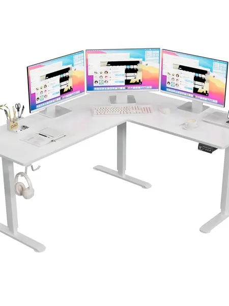 Furmax L Shaped Standing Desk Adjustable Corner Stand up Desk 63 x 55 Inch Electric Standing Computer Workstation with Preset Heights 63 x 55 Inch gaming desk Organized Headphone Hook