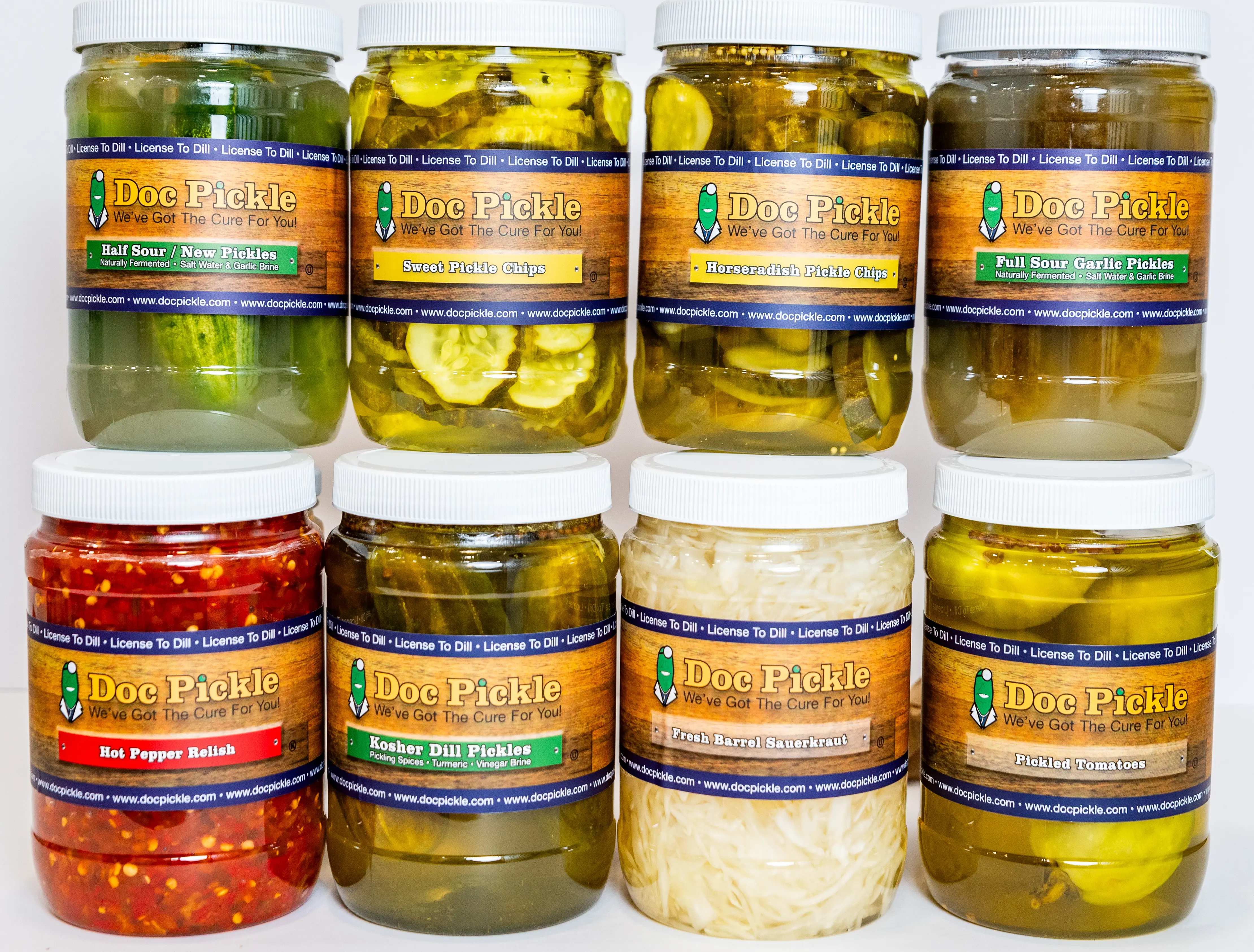 Doc Pickle 6-Pack Pickle Sampler - Full Sour Garlic, Kosher Dill, Sweet Chips, Horseradish Chips, Pickled Tomato, Spicy Dills  - 6 Quarts Included* Small-Batch Fresh-Packed