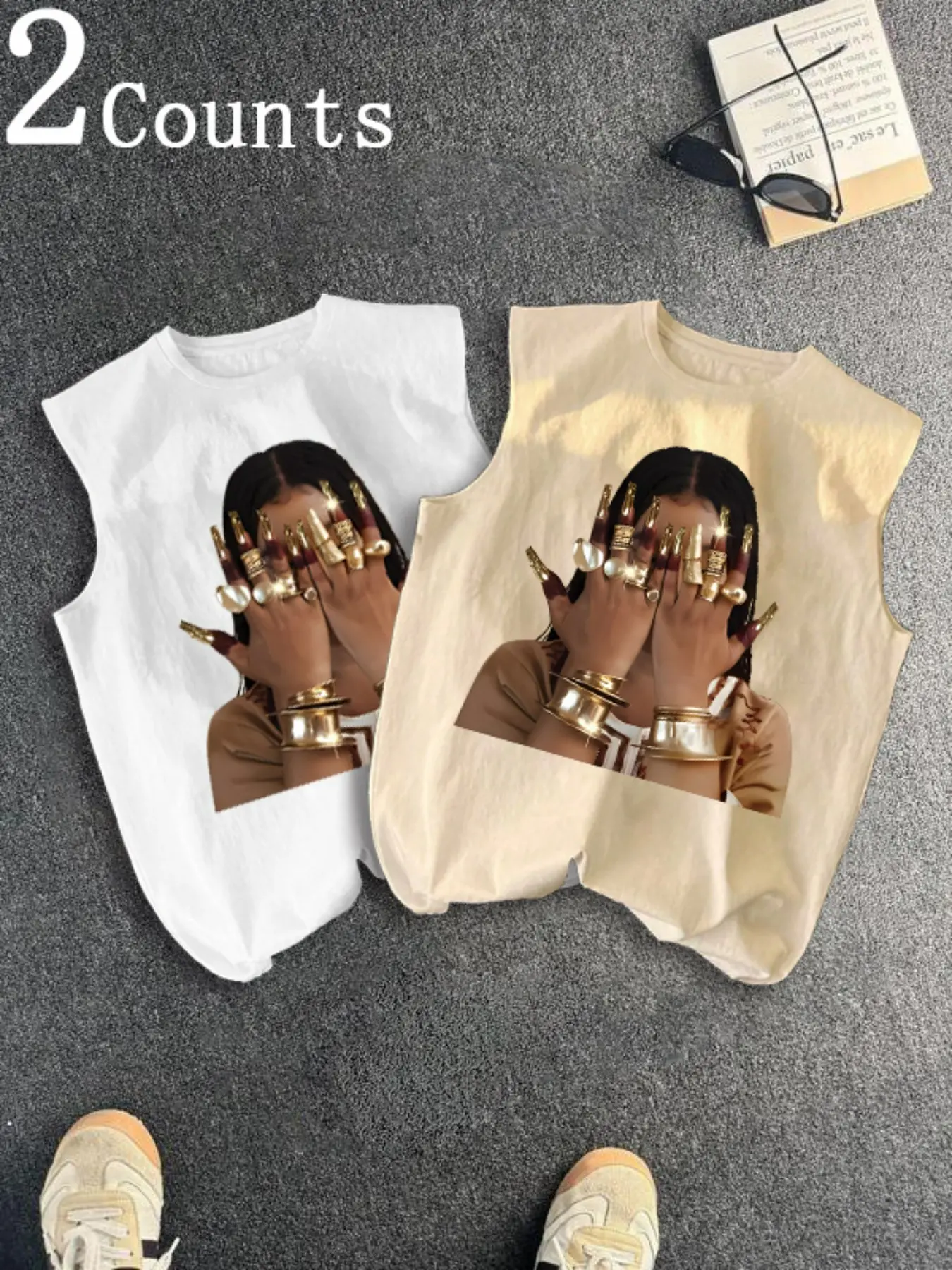 Men's Two-Piece Trendy Casual Sleeveless Vest Set, Face-Wearing Woman Print, Summer Tropical Vacation Friend Gathering Daily Wear