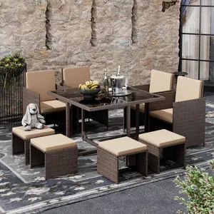 [dealsforyoudays] 9 Pieces Patio Dining Sets Outdoor Conversation Sets, Space Saving Wicker Chairs with Glass Table and Ottomans, Cushioned Seating and Back Sectional Dining Sets