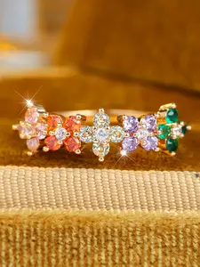 Exquisite Flower Rings Multicolor Rhinestone Decor Rings for Women & Girls Stackable Design Delicate Jewelry Perfect for Engagement Weddings Party, Daily Wear Anniversary Gift