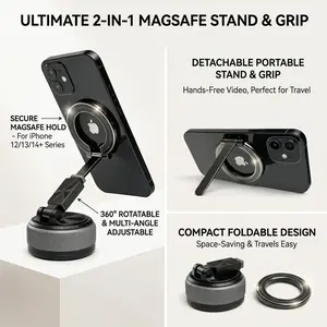 Universal Magnetic Phone Mount, Detachable Ring Bracket for Car & Desktop, 360° Adjustable Triple Axis Holder, Powerful N52 Magnet Comes with 2 Metal Plates