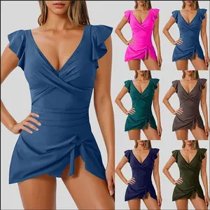 2026 European & American Style Ruffled V-Neck One-Piece Swimdress for Women, Waist-Slimming Tummy Control Tankini Beach Swimwear bathing suit set spring glow