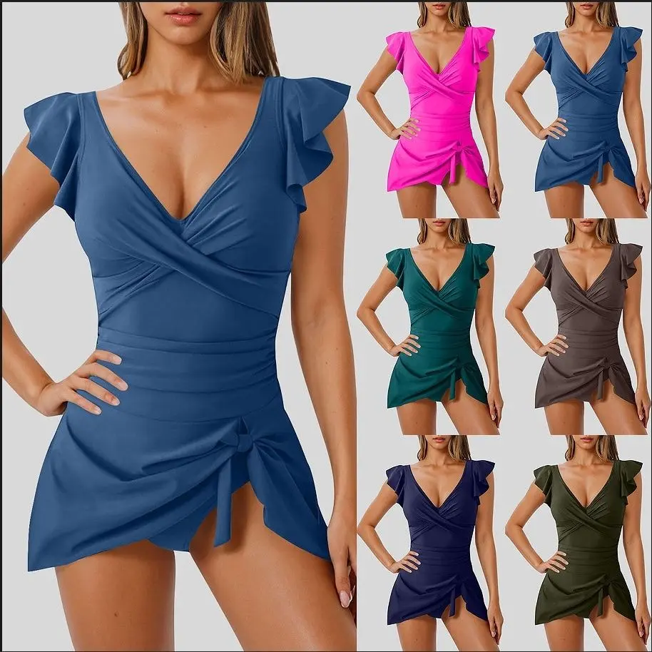 Women's Ruffled V-Neck Swim Dress, Skirted 1-Piece Swimsuit with Ruched Tummy Control, Quick-Dry Modest Swimwear, Swimsuit With Skirt, Skirt Wrap Swimdress