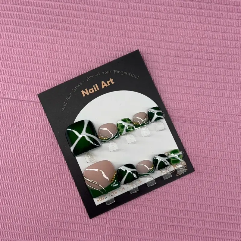 press on toenails green white French tips chrome aura gold blooming gel