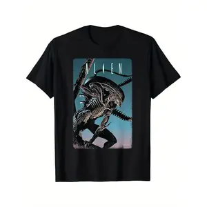 Men's Vintage Alien Romulus Xenomorph Facehugger Graphic T-Shirt - Black Geometric Sci-Fi Movie Tee Shirt, Short Sleeve Casual Shirt, Machine Washable, Everyday Shirt, Retro Style, Comfortable
