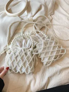 Fashion Multifunctional Faux Pearl Diamond Grid Hollow Bead Mini Square Bag, Women's Summer Casual Handbag for Vacation Travel Outdoor Shopping