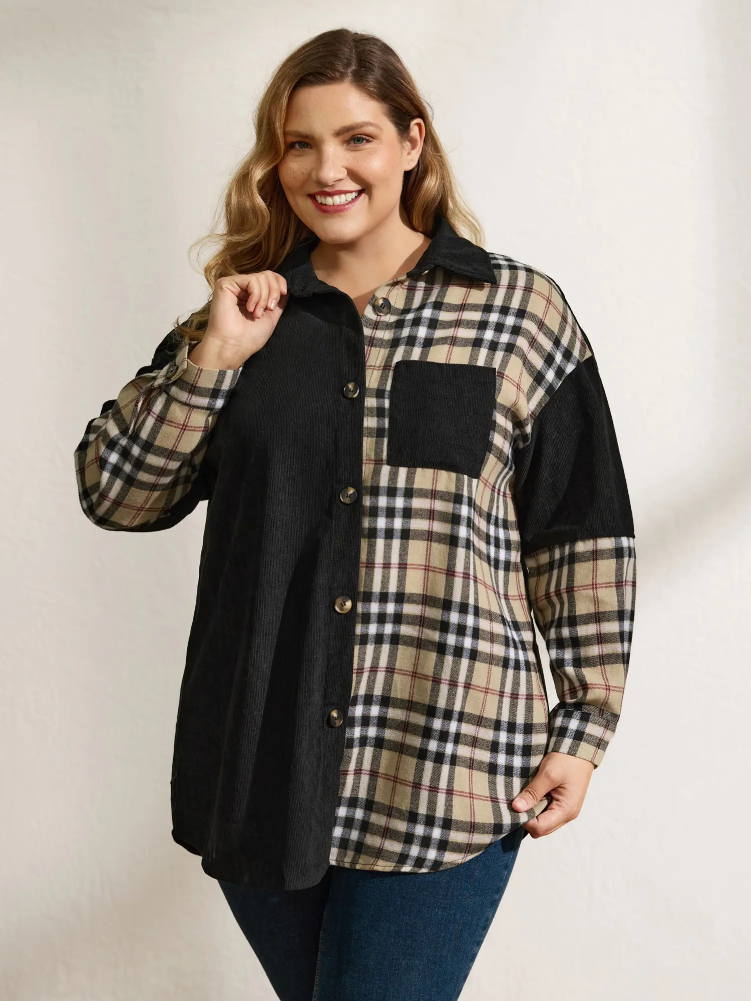 BLOOMCHIC Women's Plus-Size Corduroy Plaid Contrast Jacket - Long Sleeve Fitted Elevated Casual Tops Coats, Textured Buttoned Front Outerwear, Corduroy Fabric, Contrast Binding, Patch Pocket, Contrast Plaid