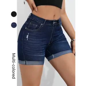 Women’s solid-color denim shorts with pockets, elastic hem, summer casual fit—versatile for daily wear, comfortable and stylish