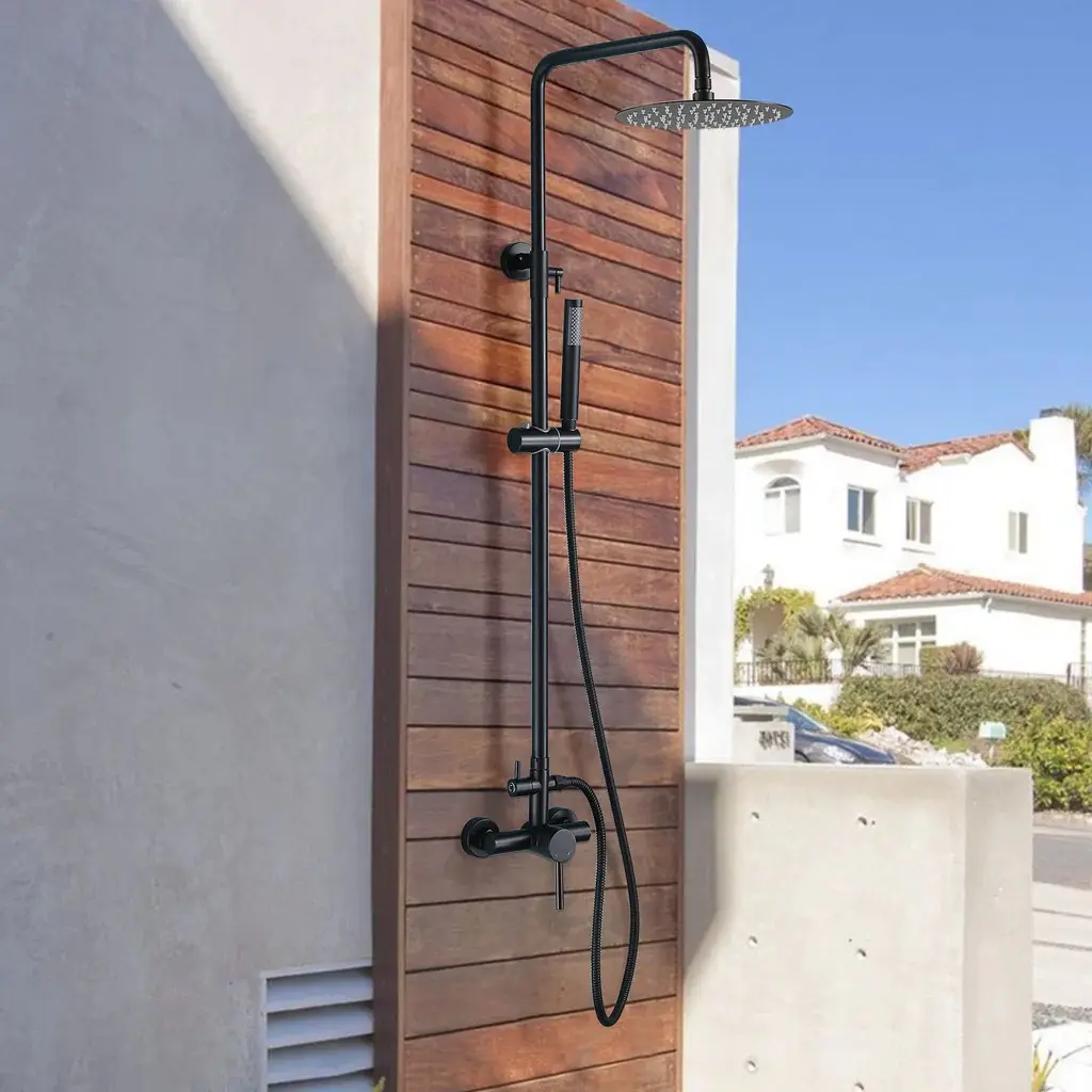 304 Stainless Steel Freestanding Outdoor Shower - Rainfall Head, Handheld Spray, Brass Components, Adjustable Hot/Cold Function, Height Adjust Feature for Beach Resort-Style Backyard Oasis, Cooling
