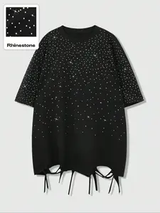Short Sleeve T-Shirt with Full Rhinestone Decoration, Oversized Loose Fit, Comfortable Skin-Friendly Fabric, Party Street Style