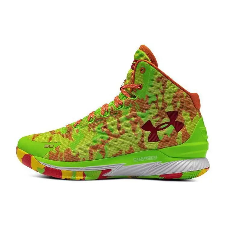 Men's Under Armour Curry 1 High-Top Basketball Gym Shoes, Round-Toe, Lace-Up, Red and Green Fabric Construction, Gym Shoe