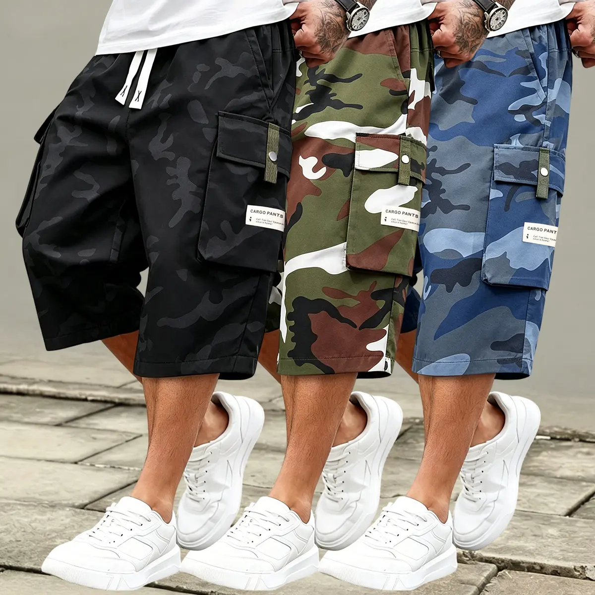 3-pack men’s camouflage cargo shorts: casual loose-fit camo shorts with a drawstring elastic waistband and multiple pockets; lightweight, breathable summer athletic training shorts for street sports, fitness, hiking, and everyday wear.,father'sdaygifts