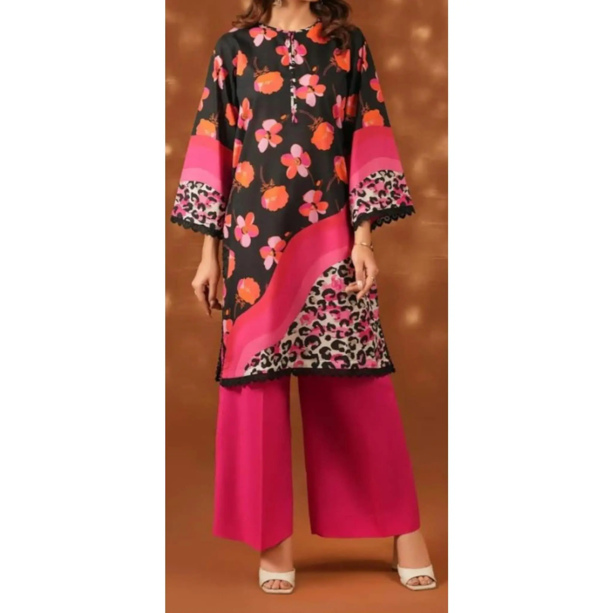 Women's 2-Piece Animal Print Outfit - Straight Cut Lawn Fabric Shirt with Lace-Trimmed Sleeves, Front Neckline Detail, Colorblock Design, Plus Solid Soft Cotton Trousers for Casual Wear, Brunch Dates