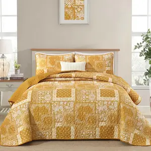 Boho Quilt Set  Size,3 Pieces Yellow Patchwork Paisley Quilt Set,Soft Microfiber Farmhouse Bedspread Bedding Set for  Season 96"x90"