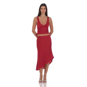 Satin Asymmetrical Midi Skirt in Red