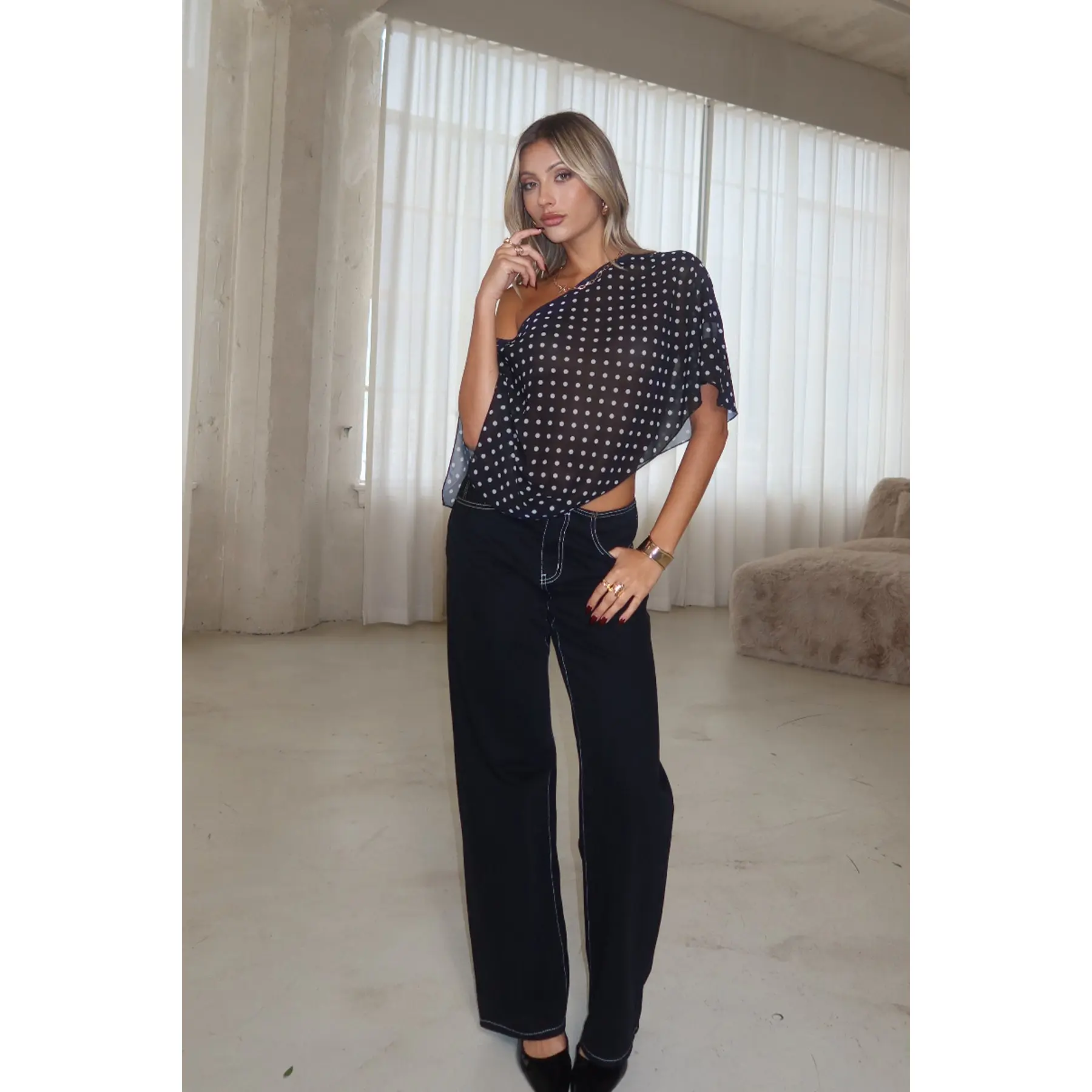 Sheer Chiffon Asymmetric Polka Dot Poncho