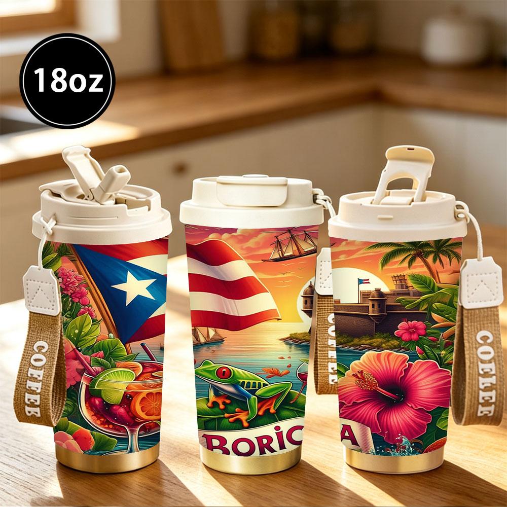 Puerto Rico Boricua Tumbler, Tropical Paradise with Flag, Coqui Frog, Rum Punch, El Morro, Hibiscus, 12/18/20oz Stainless Steel Insulated Cup, Keeps Cold/Hot for Hours, Ideal Gift for Puerto Rican Lovers