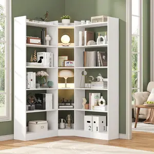 6 Tiers Corner Bookshelf and Bookcase with Baffle, 63.1" Tall Modern L-Shaped Storage Display Book Shelf Industrial Bookshelves for Bedroom, Living Room, Kitchen, Home Office