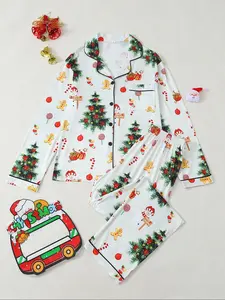 Christmas Gingerbread Tree Print Long Sleeve Pajama Set, Comfortable Women's Sleepwear, Perfect Holiday Gift, Casual Spring & Fall Wear