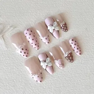 24PCS Sweet Pink French Press on Nails Brown Polka Dots 3D White Bowknot Fake Nails for Women Girl Almond False Nails Detachable