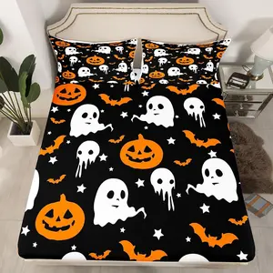 Happy Halloween Bedding Set Decoration,Pumpkin Lantern Bed Sheets,Ghost Cute Fitted Sheet Black Sheets Set,No Top Sheet