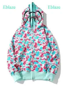 Double Hooded Mint Green Shark Zipper Hoodie - Turquoise Blue & Pink Shark Print with Turquoise , Smooth Zipper Closure, Warm Beige-Friendly Fabric, Unisex Winter Jacket for,, - Casual Streetwear & Layering Essential