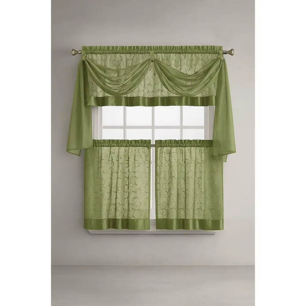 Kate Aurora Living Traditional 4-Piece Linen Leaf Embroidery Kitchen Curtain Set - 58 in. W x 36 in. L Sage, for Laundry Rooms, Machine Washable, Do Not Bleach, Non-Woven Fabric