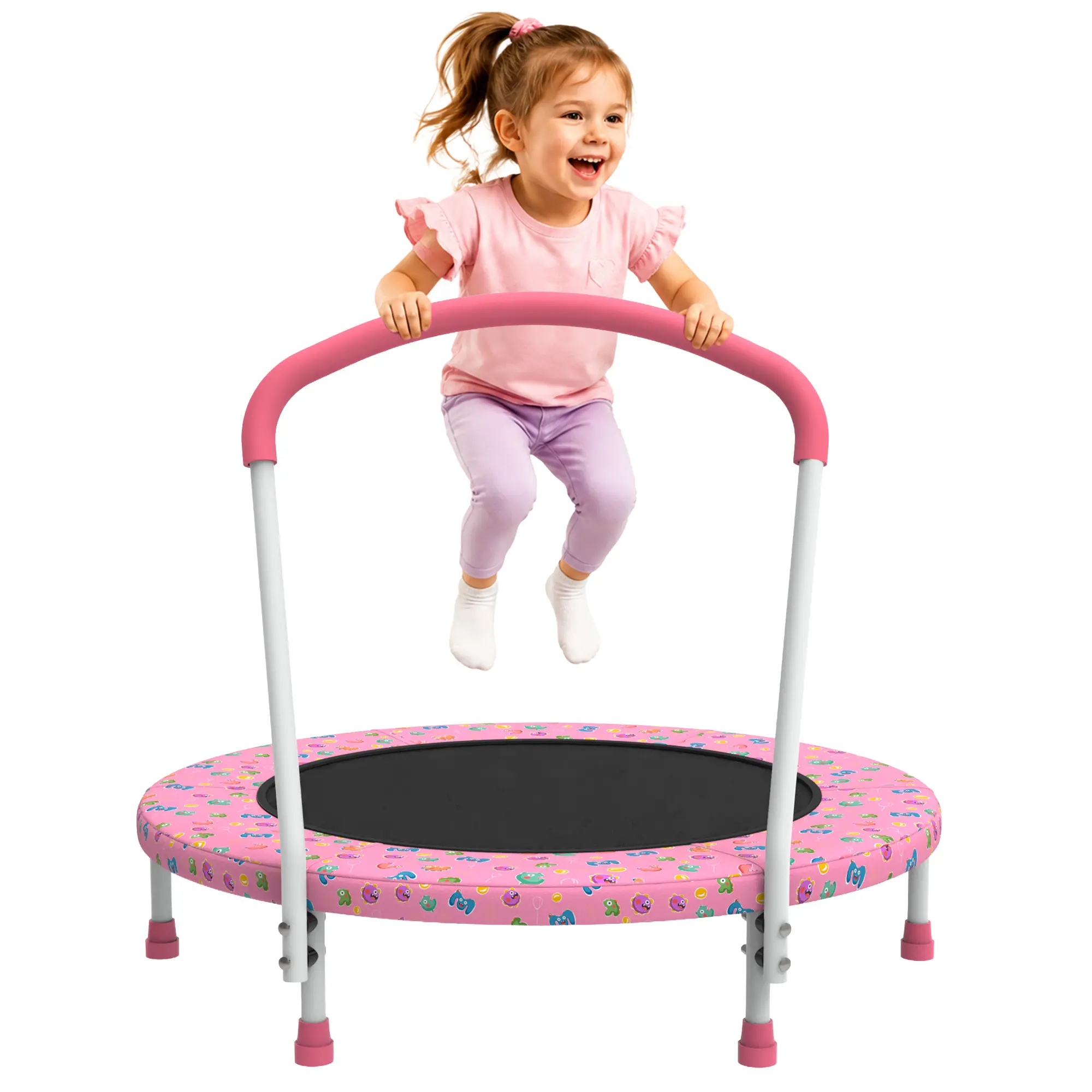 36in Kids Mini Trampoline with Metal Handle - Ages 1-6, 150 lbs 150lbs Maximum Weight Capacity, 36.00 x 36.00 x 30.30 Inches, Indoor Outdoor Use, Pink, 100% Satisfaction Service