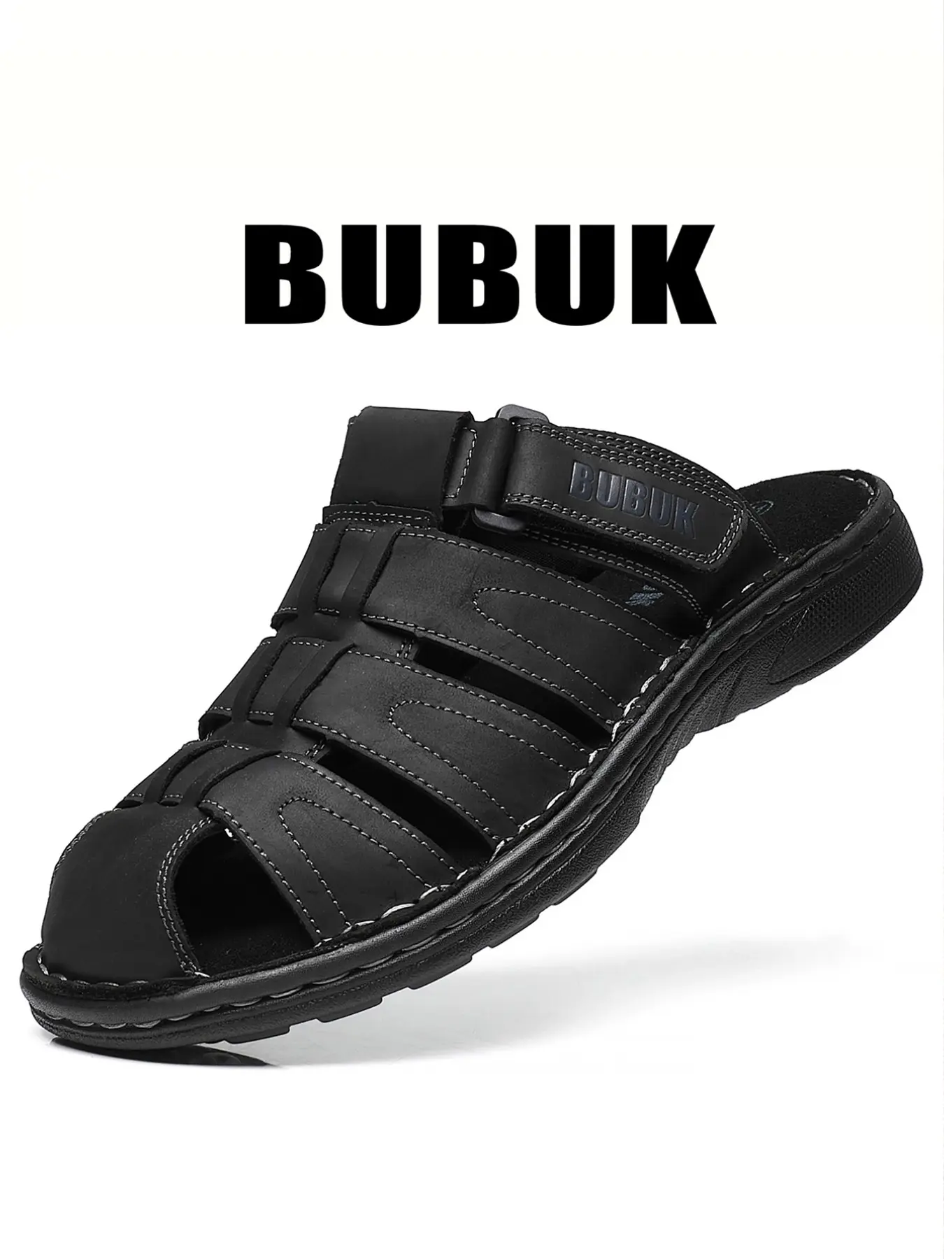 BUBUK Men's First Layer Cowhide Slip-On Leather Sandals, Adjustable Velcro, Arch Support, Casual Shoes for Indoor and Outdoor Use